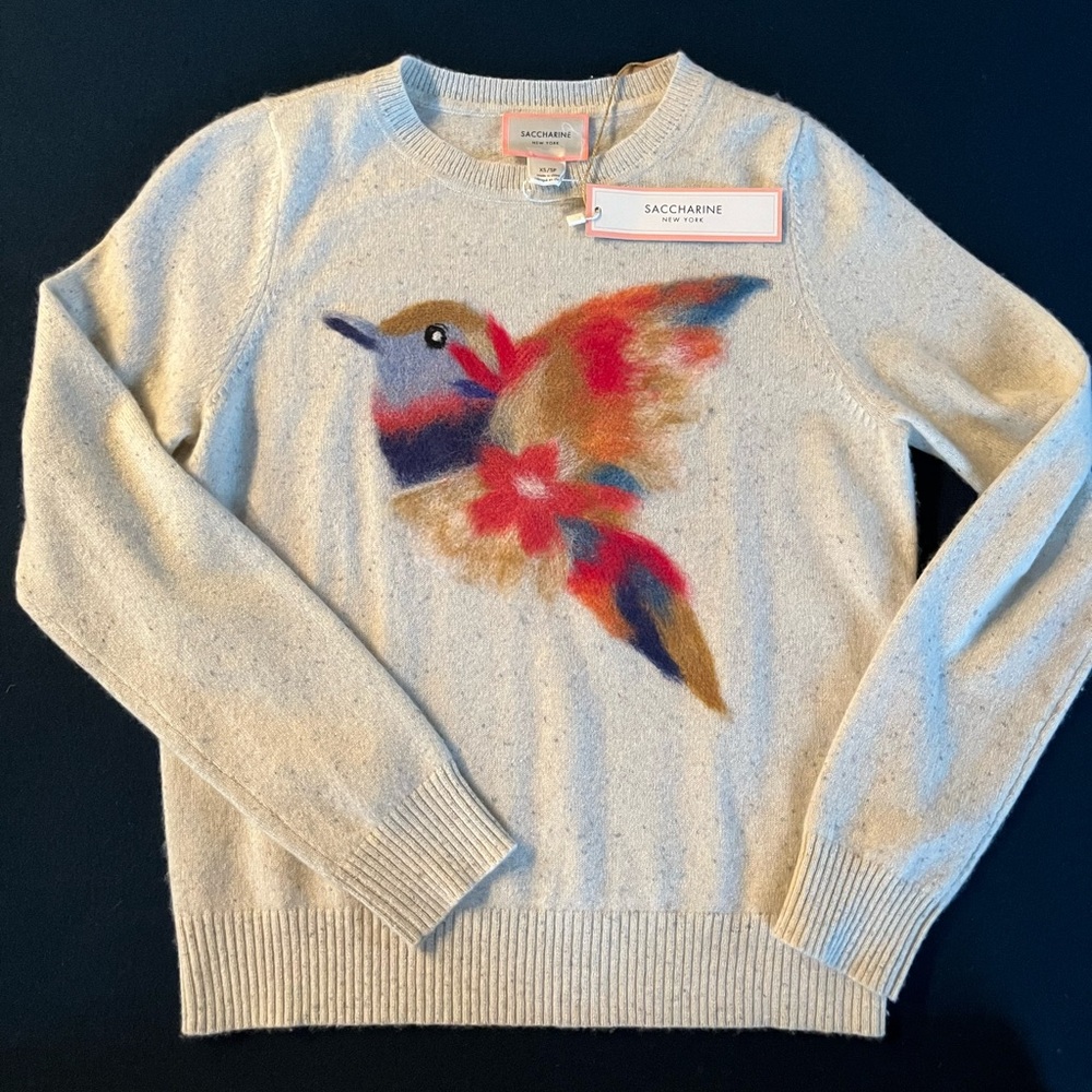 Saccharine Cashmere Cream Sweater with Beautiful Bird Design NWT Sz XS